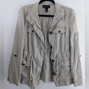 INC 100% Linen Zip Up Jacket Multiple Pockets Roll Up Sleeves Size S